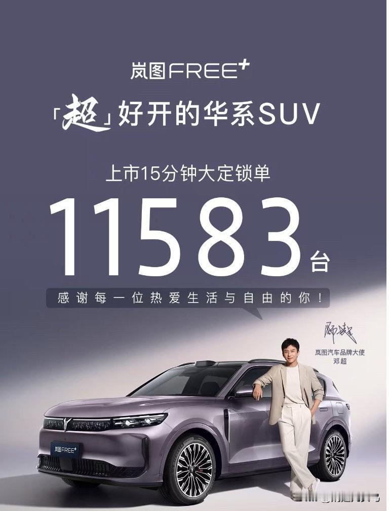 岚图FREE+正式上市，上市15分钟，锁单量便突破11583台，共推出三款车型，