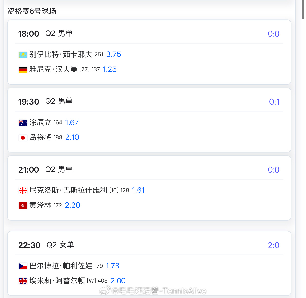 【今日比赛赛程和直播赛程】20:00王曦雨vs谢尔班22:30奥斯塔彭科vs埃拉