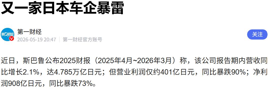 斯巴鲁最新财年业绩大跳水，营业利润大跌 90%、净利润暴跌 73%，一方面依赖美