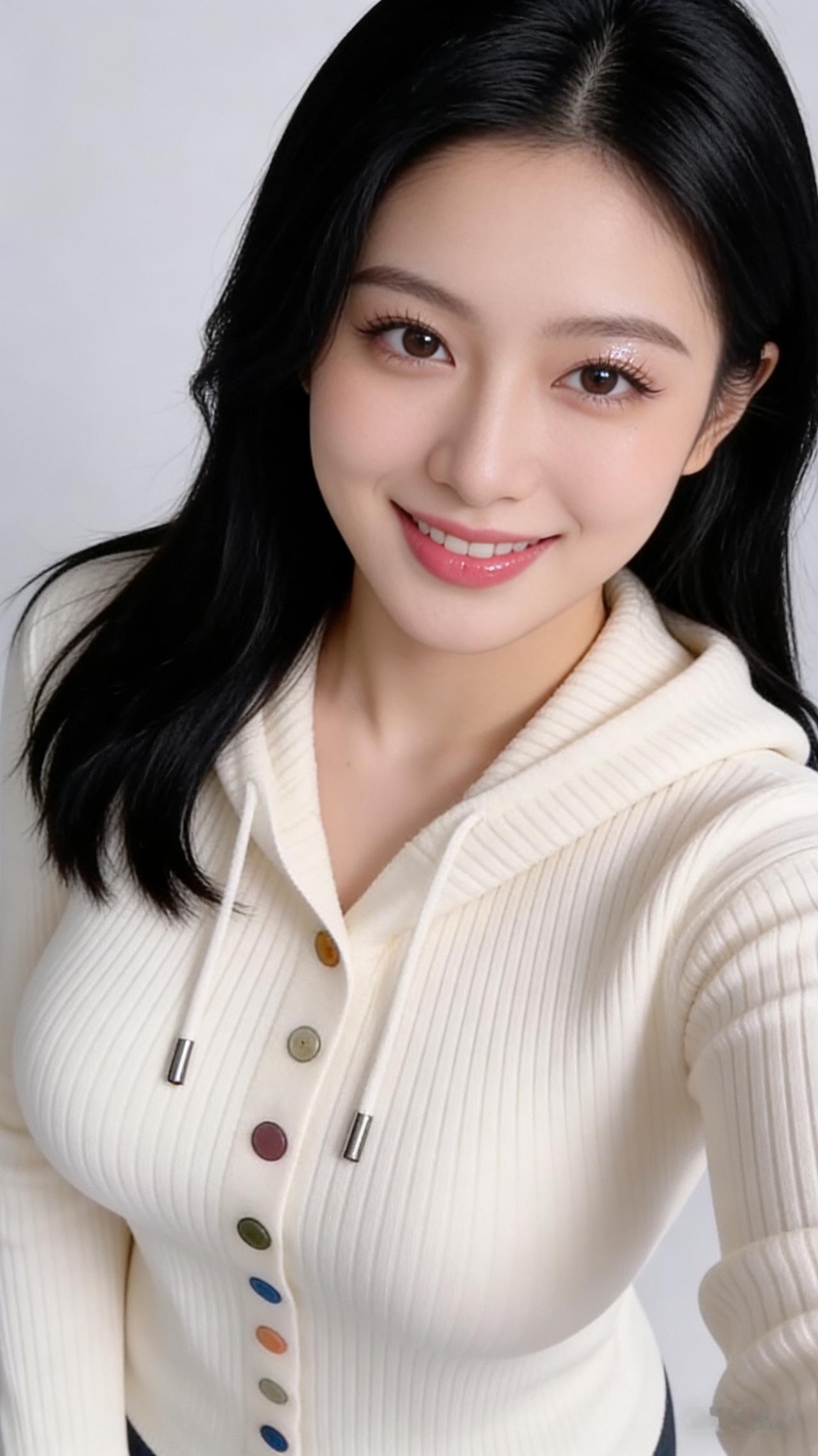鹅蛋脸美女内扣披肩长发，淡妆亮眼唇甜笑露齿，葫芦身段身着米白竖条纹抽绳针织开衫，