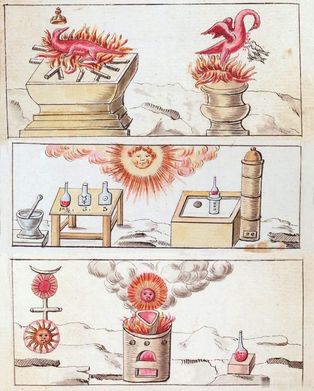 这幅炼金术寓意画自上而下读来，正是火的道路。最上方，是承载它的两只生灵。石坛之上