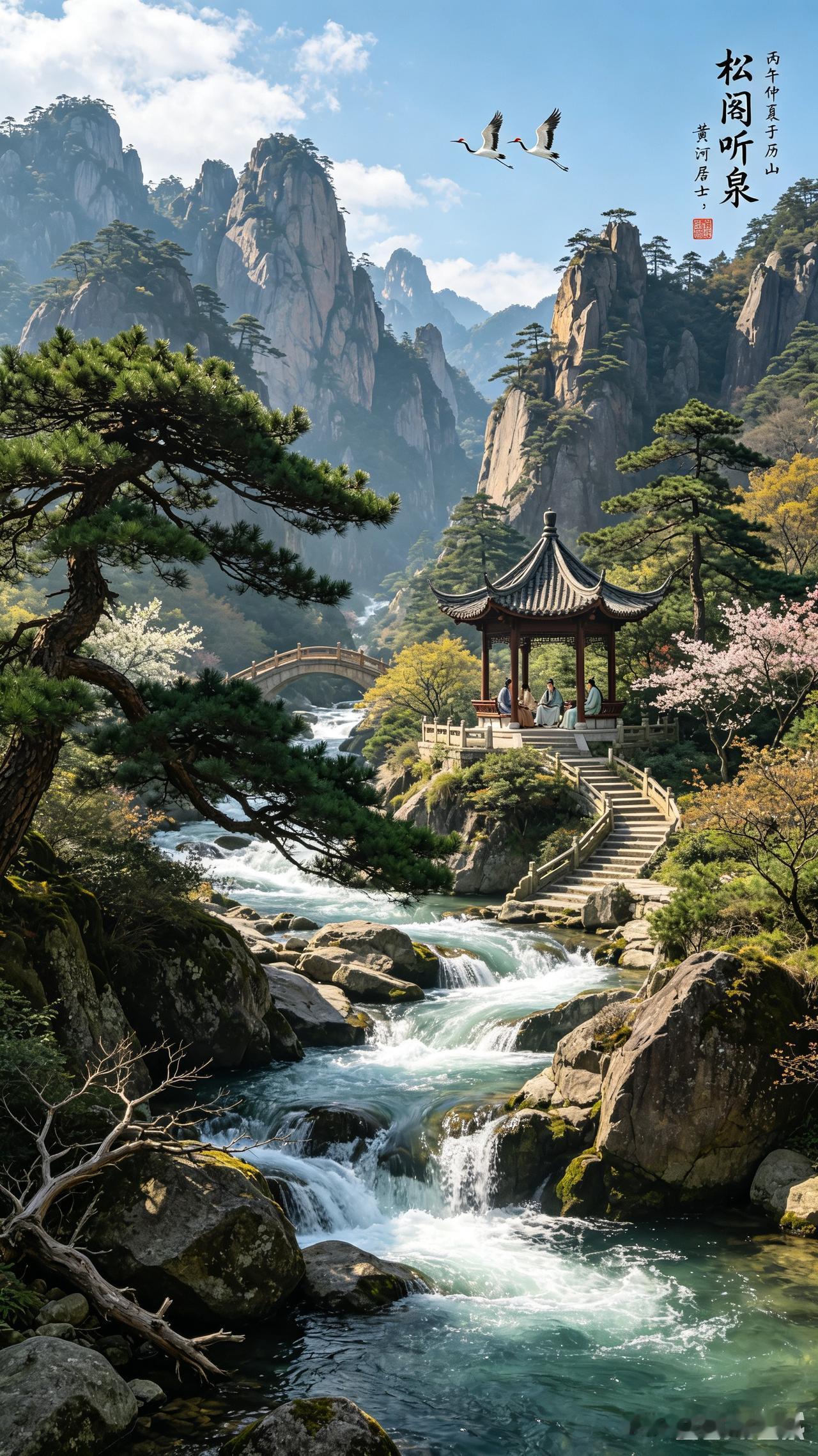 水墨山水画《松阁听泉》