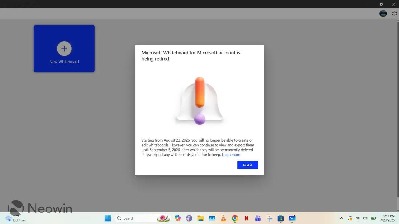 微软已向 Microsoft Whiteboard 消费者用户发出通知，该服务的