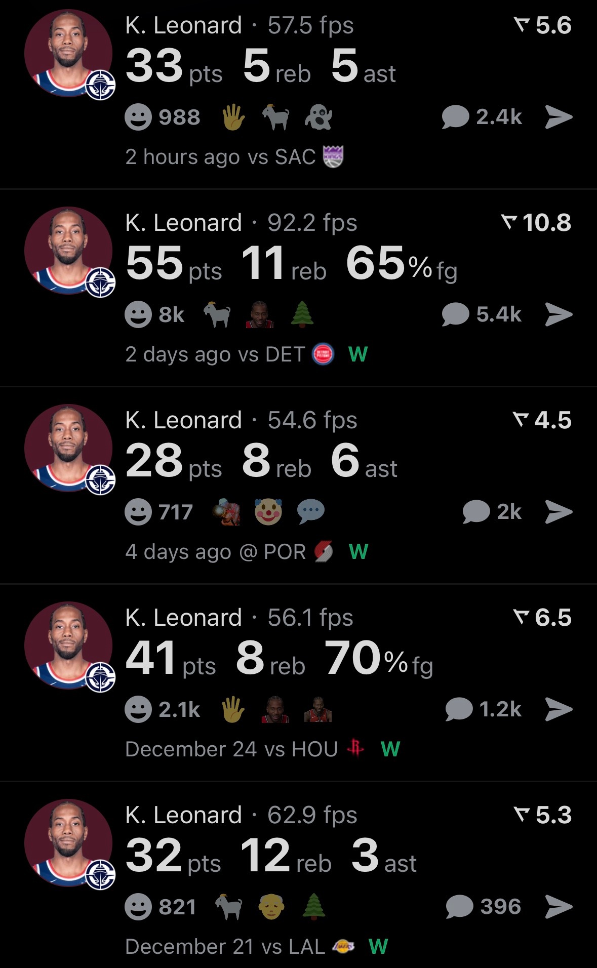 小卡5连胜期间表现 