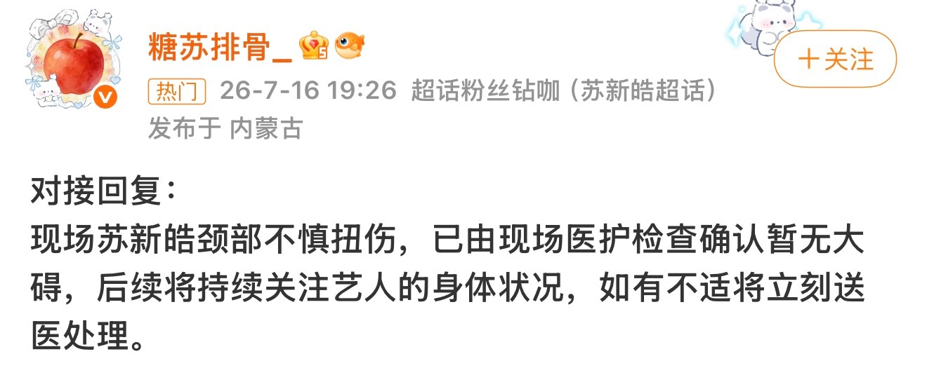 苏新皓对接回应运动会受伤：颈部不慎扭伤，已由现场医护检查确认暂无大碍。苏新皓运动