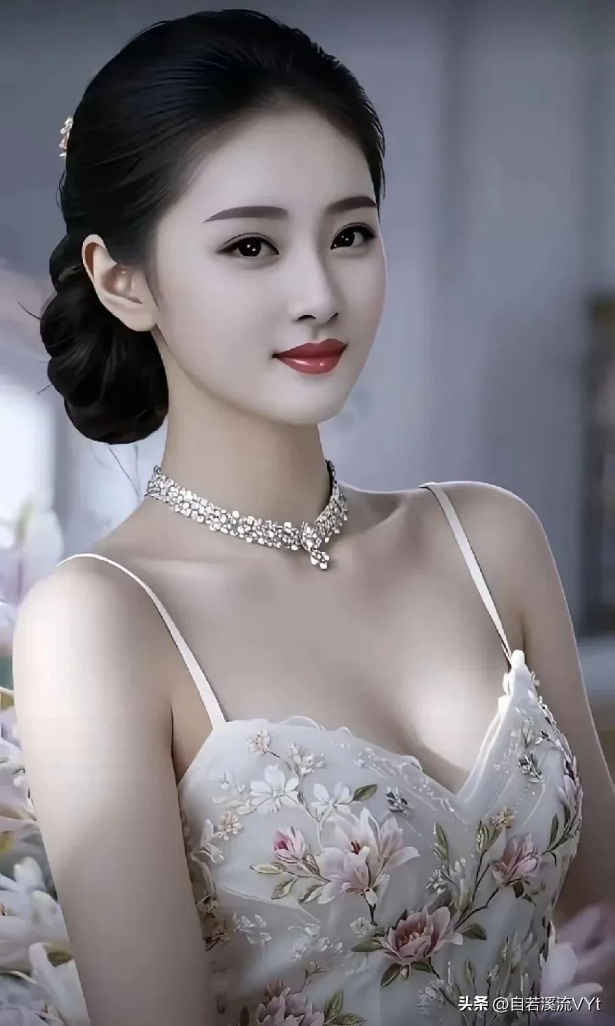 定风波·花裙雅韵
 
云鬓轻盘素色妆，
颈间银钻闪清光。
衣上繁花凝雅秀，
回首