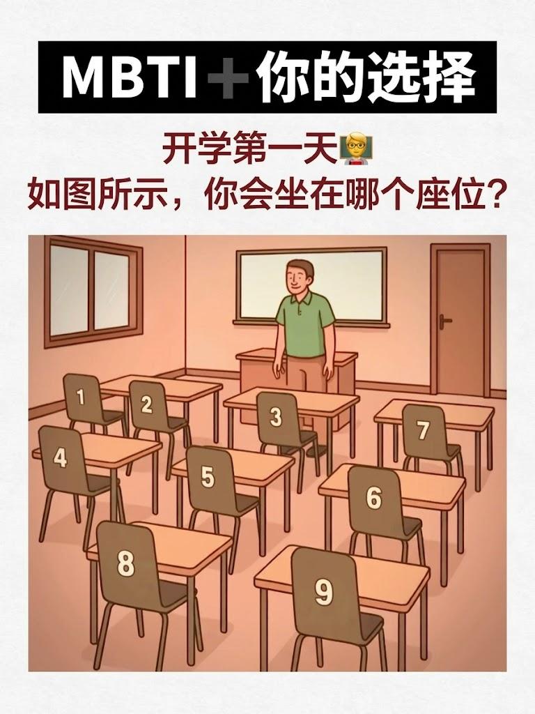 据说不同MBTI的人，选择坐的座位都不一样。
如图所示，开学第一天，你会坐在哪个
