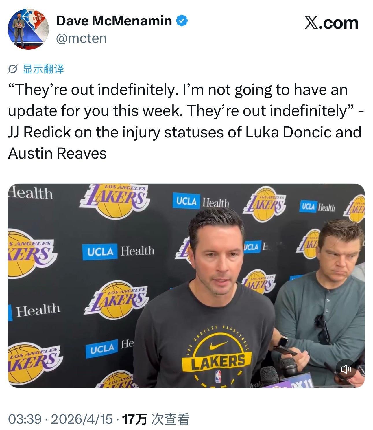 雷迪克：“东契奇与里夫斯依然无限期缺阵，我本周不会再给你们带来更新了，他们俩无限