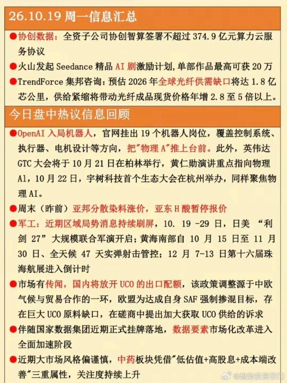 10.19周一  晚间：财经热点信息整理！1.智算中心，算力2.全球光纤缺口3.