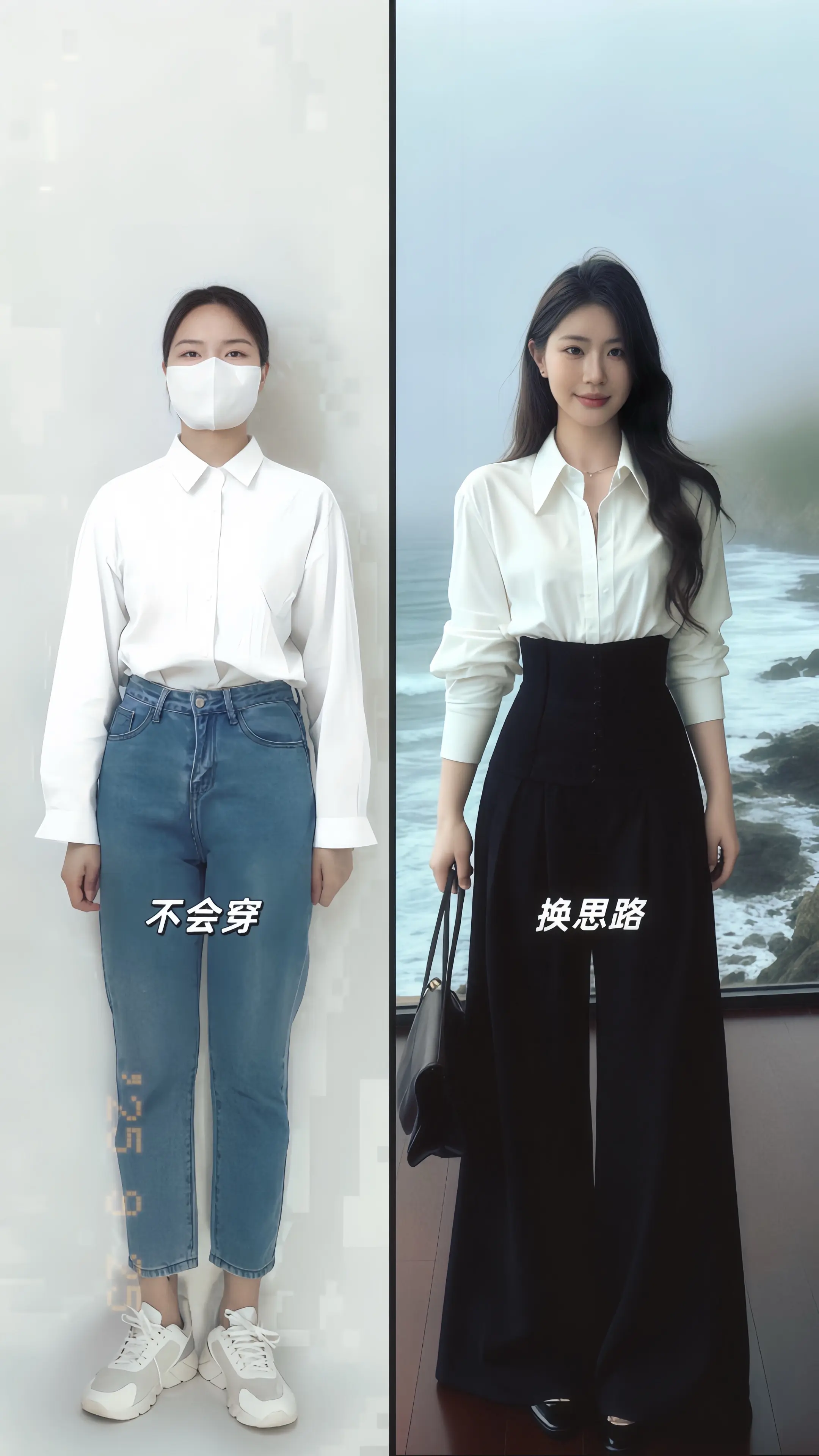 在江景房的落地窗前，她身着白色高级感衬衫与黑色西装阔腿裤两件套，于涛涛...