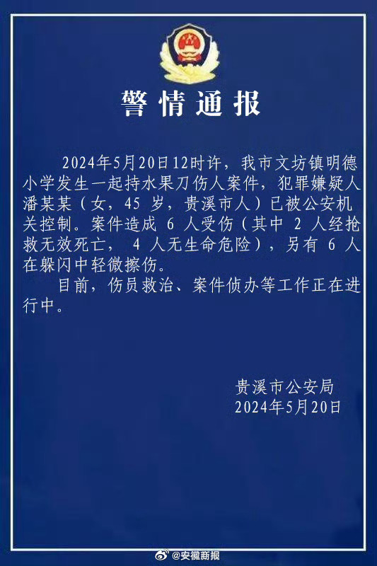 #贵溪一小学持刀伤人案嫌犯被控制#【#贵溪警方通报一小学发生伤人案#】今天，江西