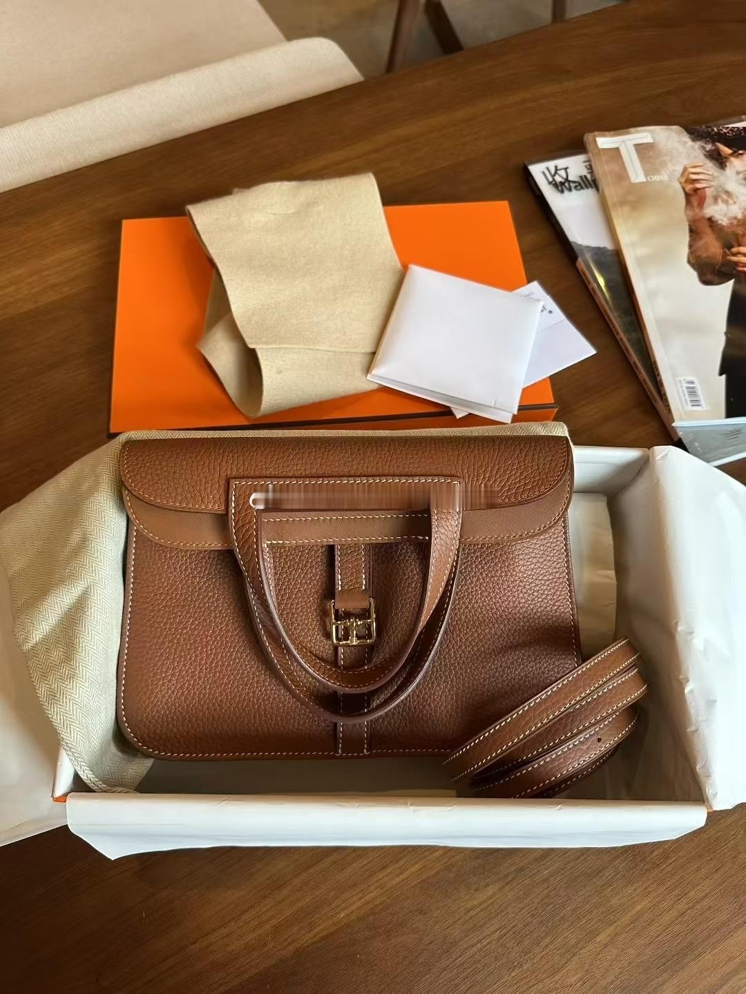 Halzan 25 金棕色 TC皮 金扣爱马仕hermes