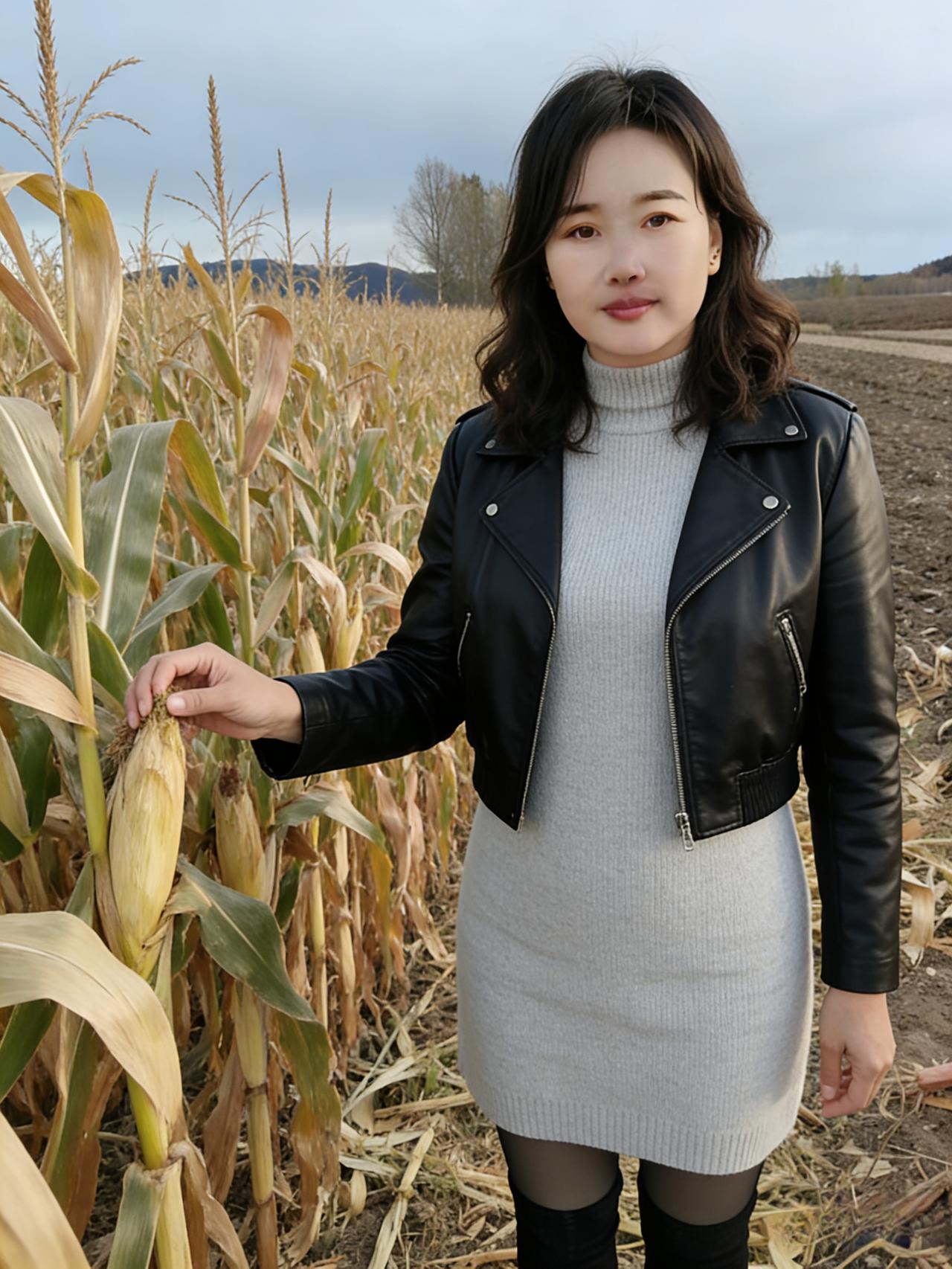 万顷良田覆秋霜，佳人立处穗飘香。
黑发斜垂凝寒峭，素缕轻萦蕴暖光。
纤手拈来苞米