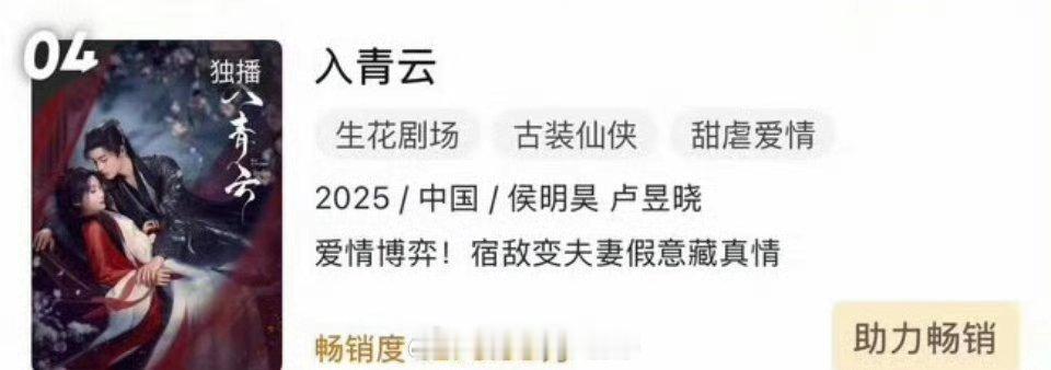 侯明昊 卢昱晓 入青云进入优酷年榜第四！ 