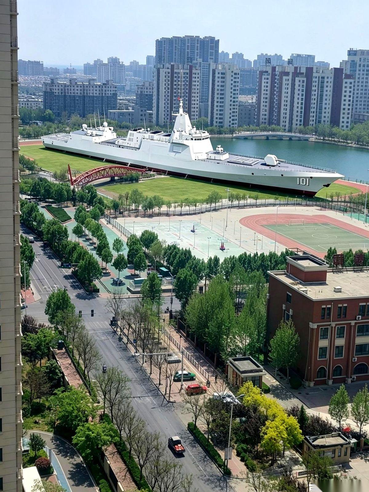 一个标准的学校操场，200米一圈。旁边，是一艘055万吨大驱。
不是在水里，是跟