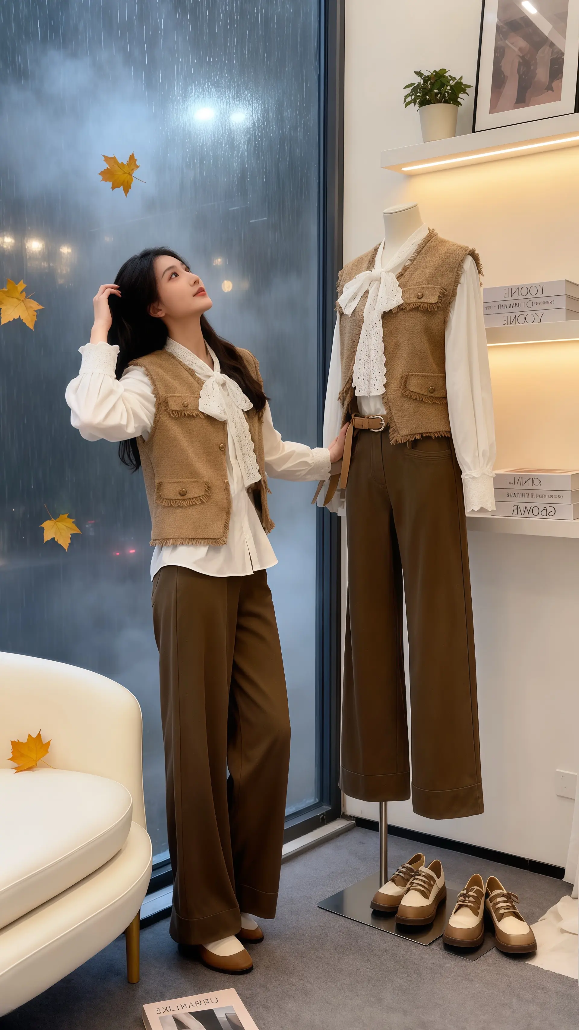 她身着高级感小香风马甲三件套，精致的流苏边与蕾丝衬衫的柔美碰撞，在黑色...