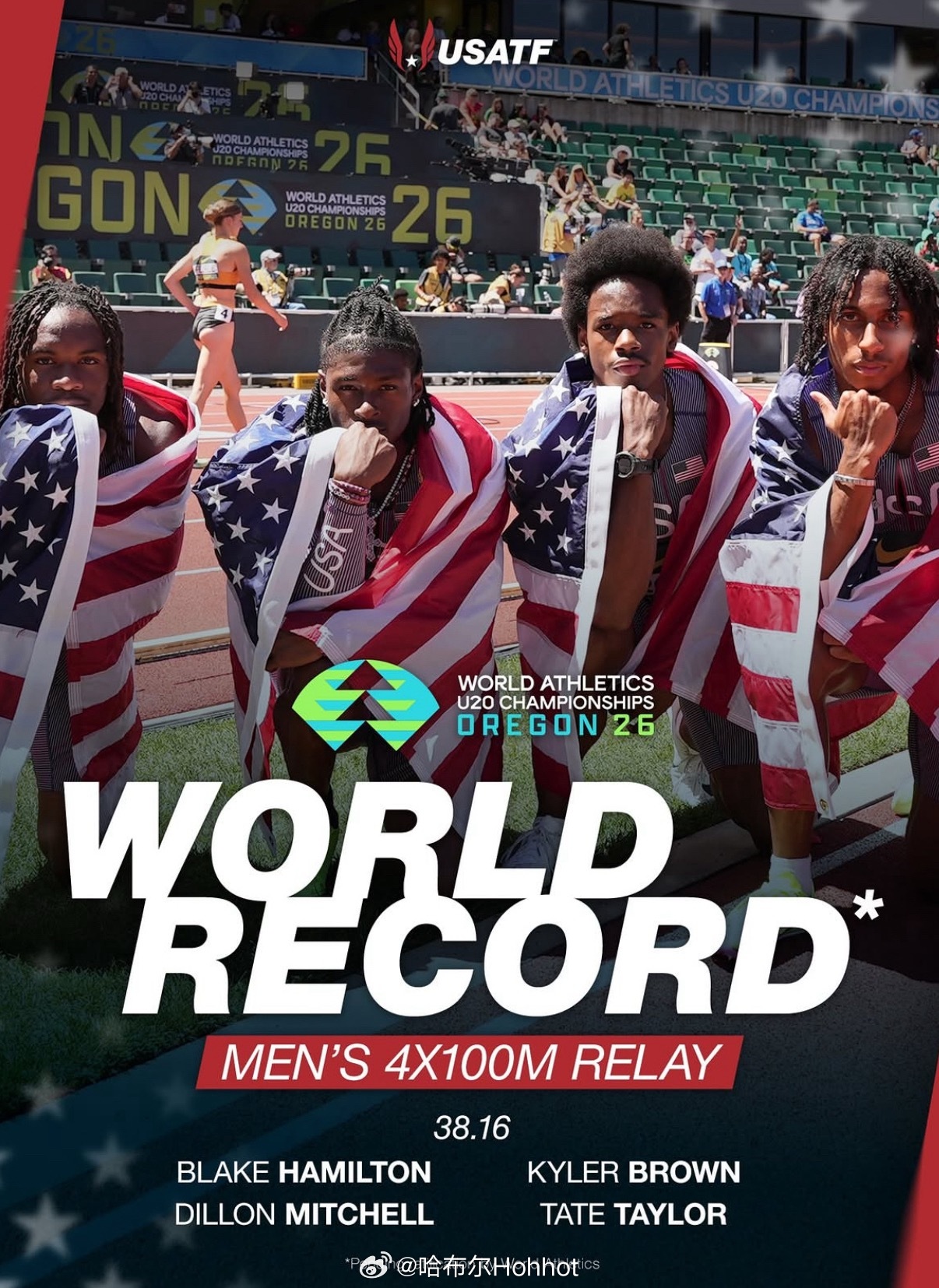 2026世界U20田径世青赛 男子4×100米接力决赛，🇺🇸美国队以38秒1