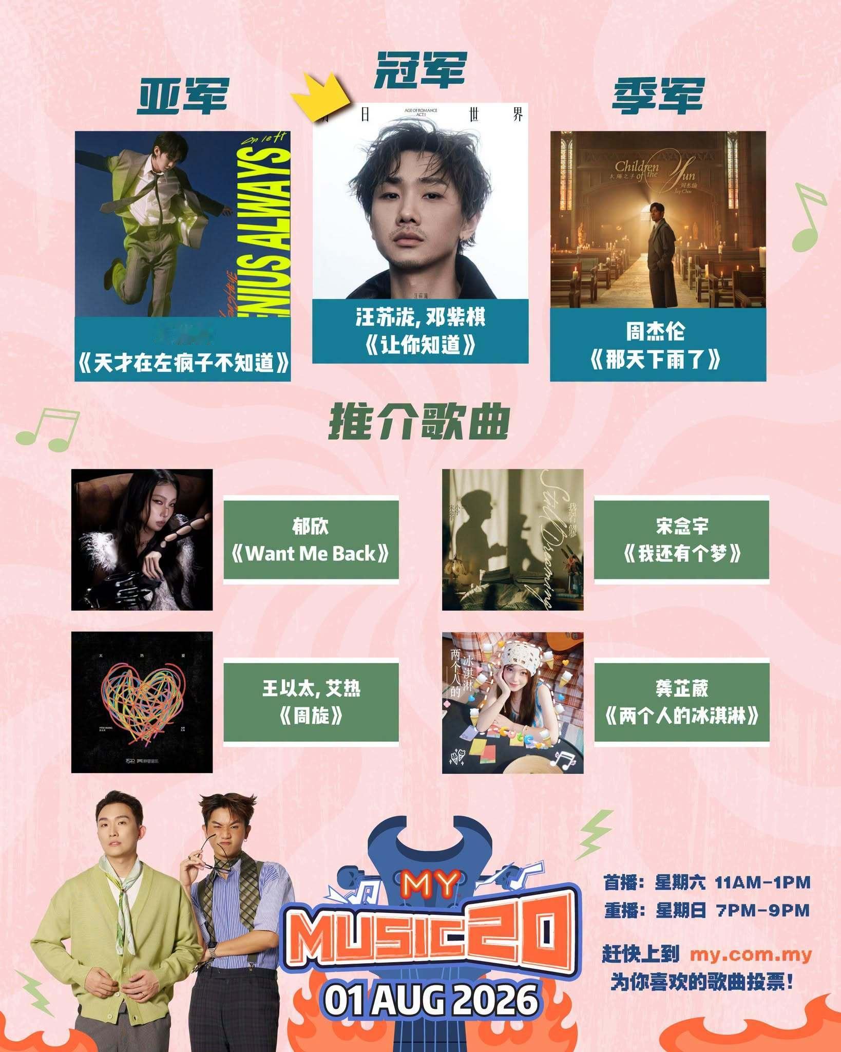 马来西亚电台MY FM《MYFMMusic20》（8月1日）榜单前三强🥇冠军：