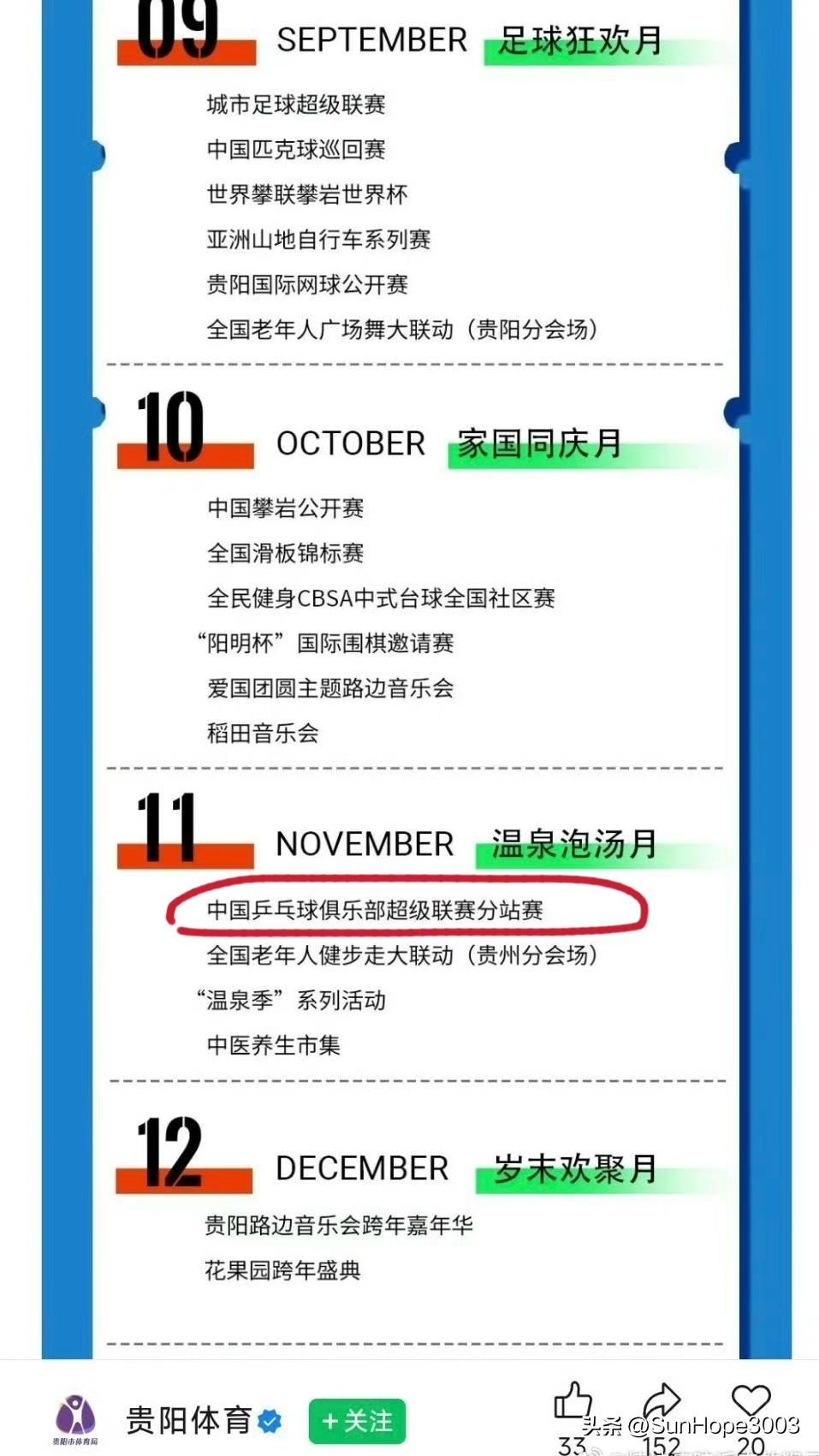 11月份的乒超联赛在贵阳举行

贵阳文旅体商发布的2026年重要活动日历上显示1
