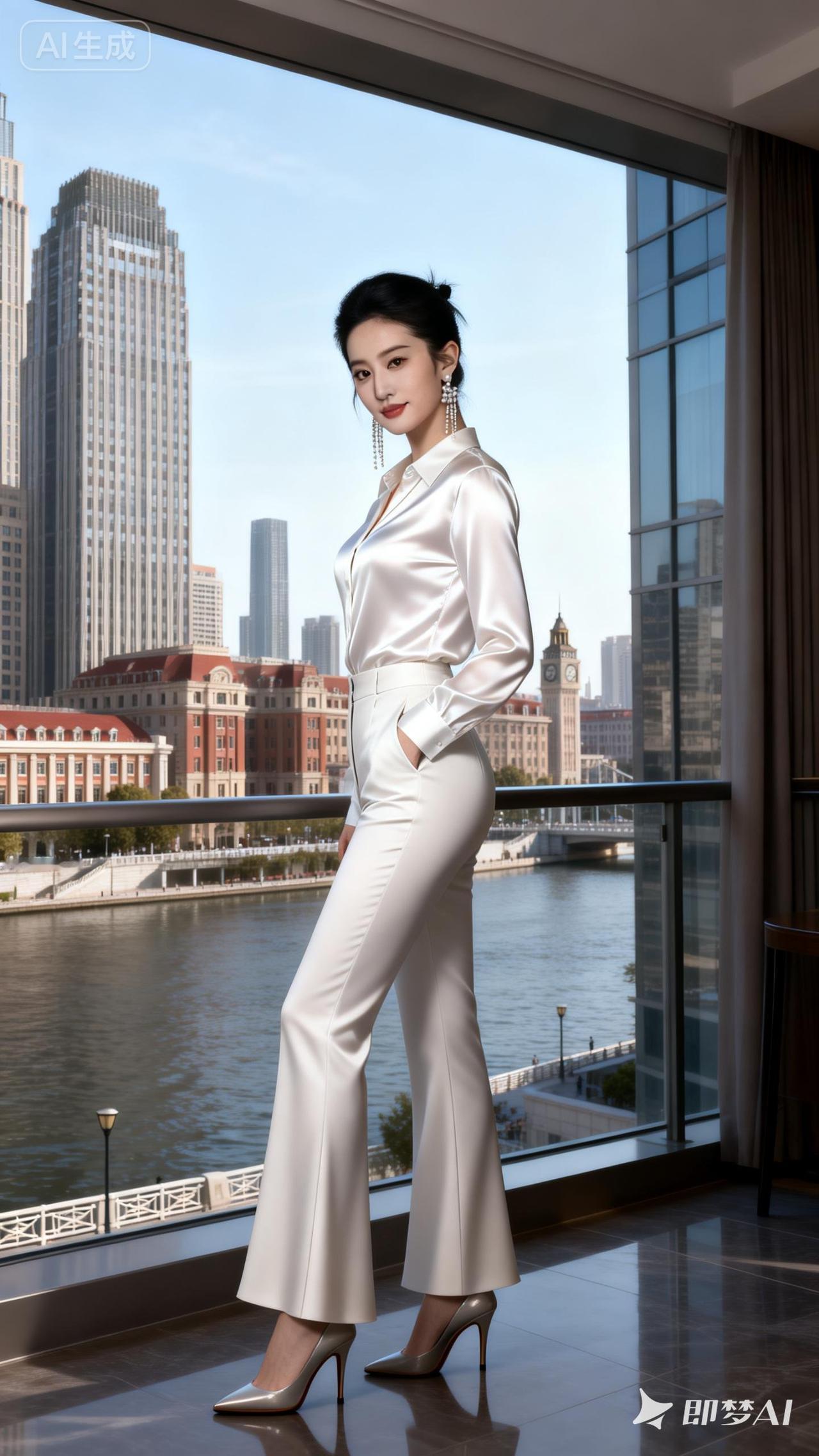 都市精英风穿搭，白色丝质套装，尽显优雅与自信！