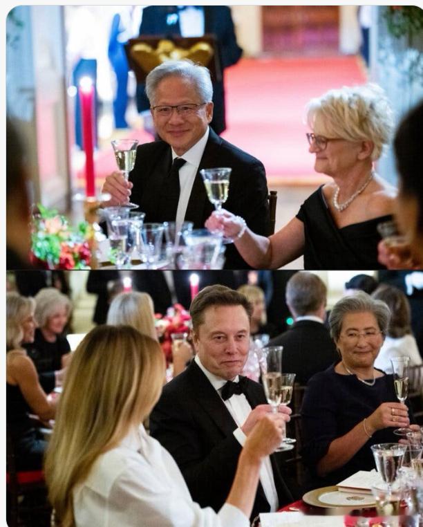 美国国宴埃隆·马斯克、英伟达CEO黄仁勋、AMD首席执行官苏姿丰和苹果前CEO蒂