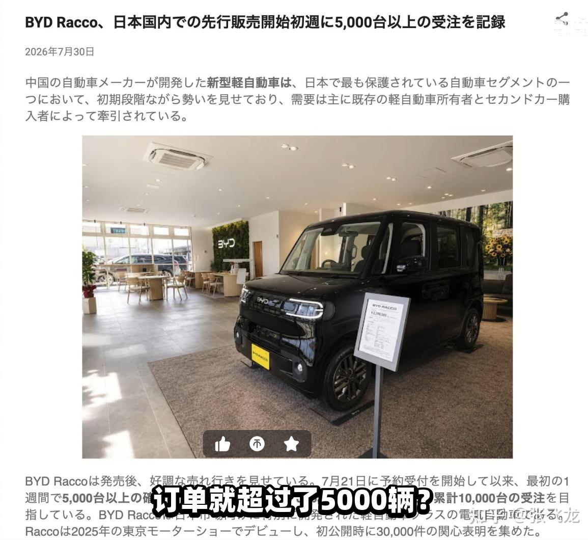 网传比亚迪海獭（RACCO）在日本卖疯了，有说上市首周预订单破5000辆的，也有