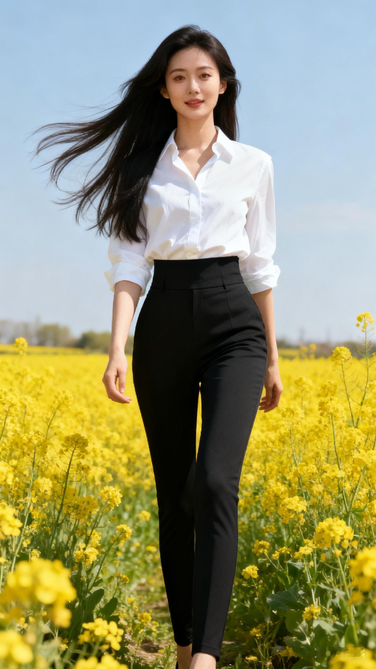 白色衬衫+黑色高腰裤，走在花海中，尽显优雅与自信！🌸💃