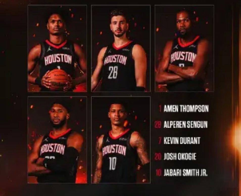 今天首发阵容休斯顿火箭· 阿门·汤普森· 约什·奥科吉· 凯文·杜兰特· 贾巴里