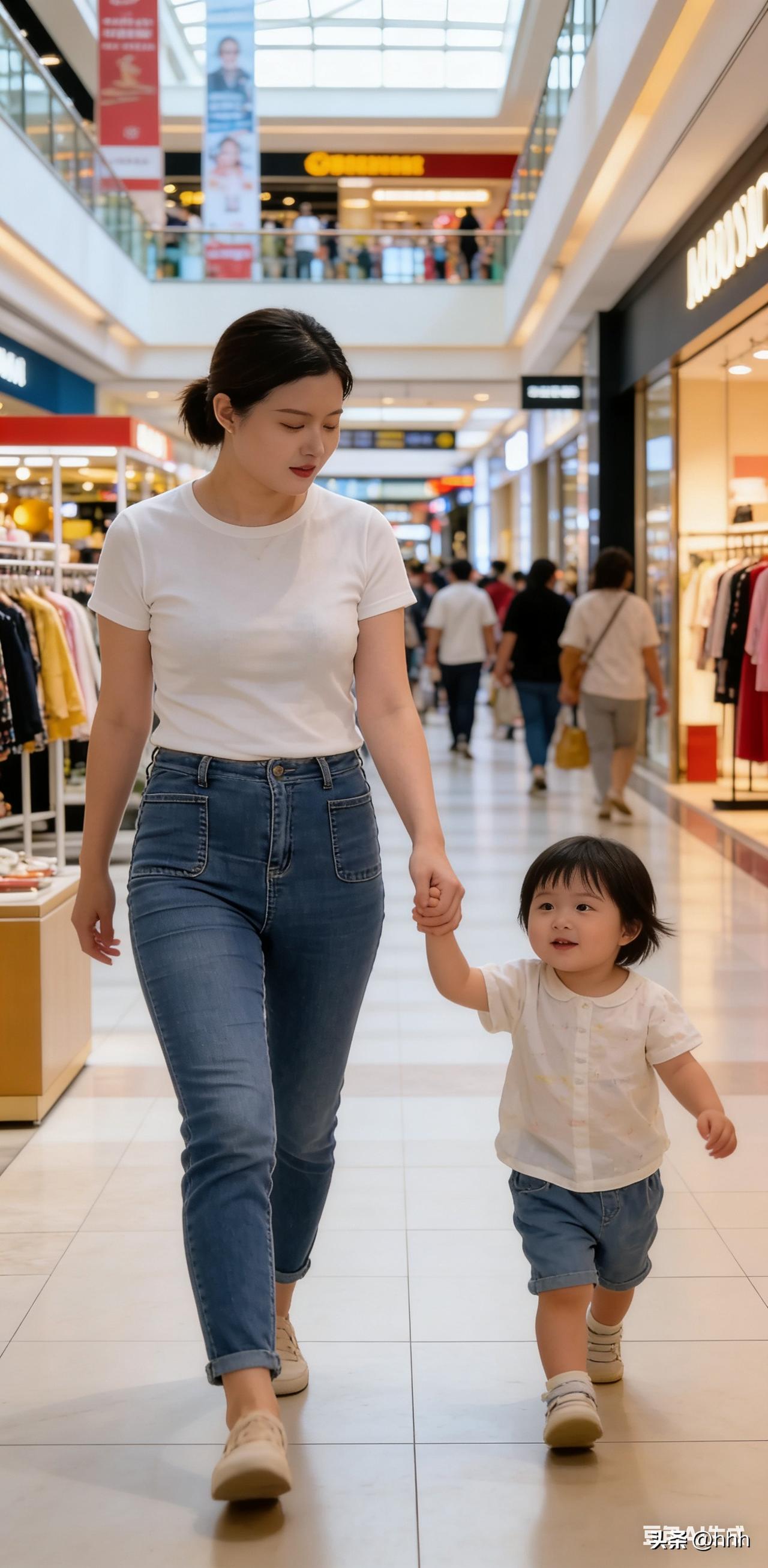 母女手牵手逛商场，温馨亲子时光