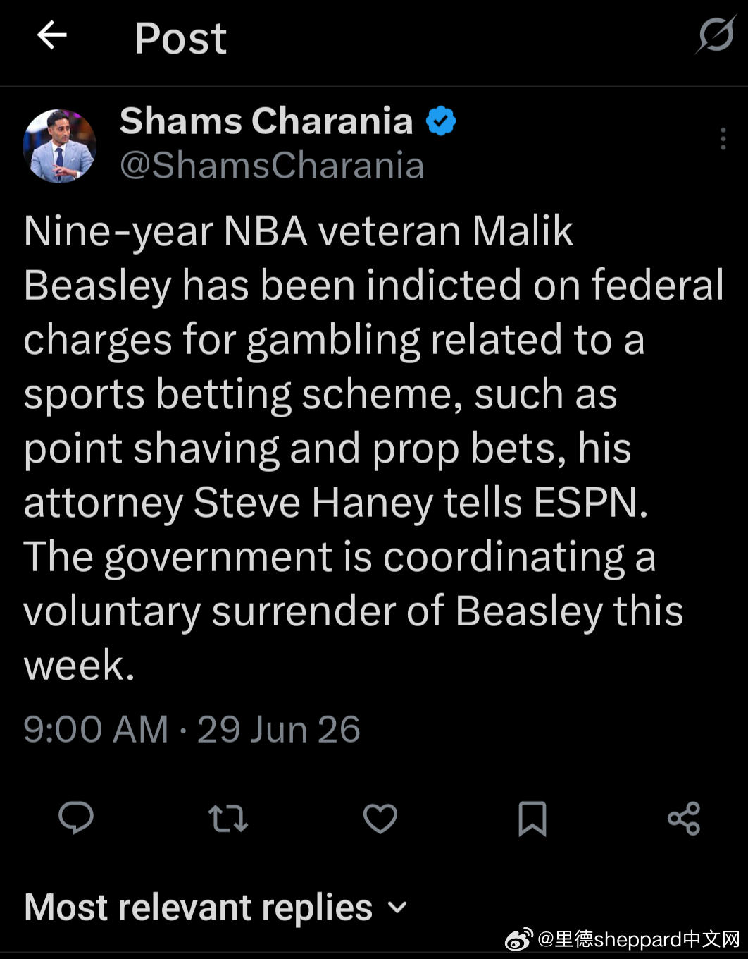 Shams：据马利克·比斯利的律师史蒂夫·哈尼向 ESPN 透露，征战 NBA 