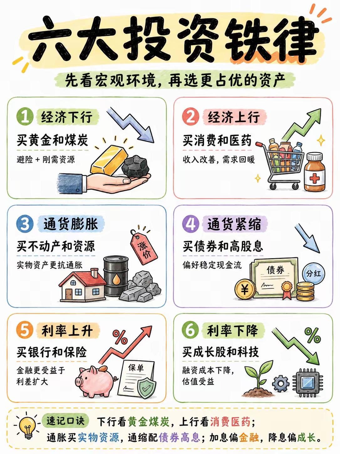 六大经济规律下：投资方向选择！[爱慕]
1. 经济下行：市场避险需求提升，配置黄