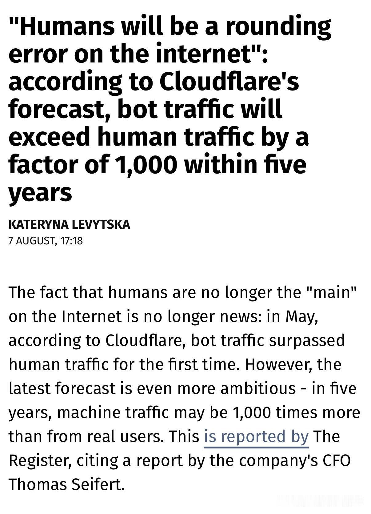 马斯克引用云峰公司（Cloudflare）的预测时指出：“AI 代理互联网流量显
