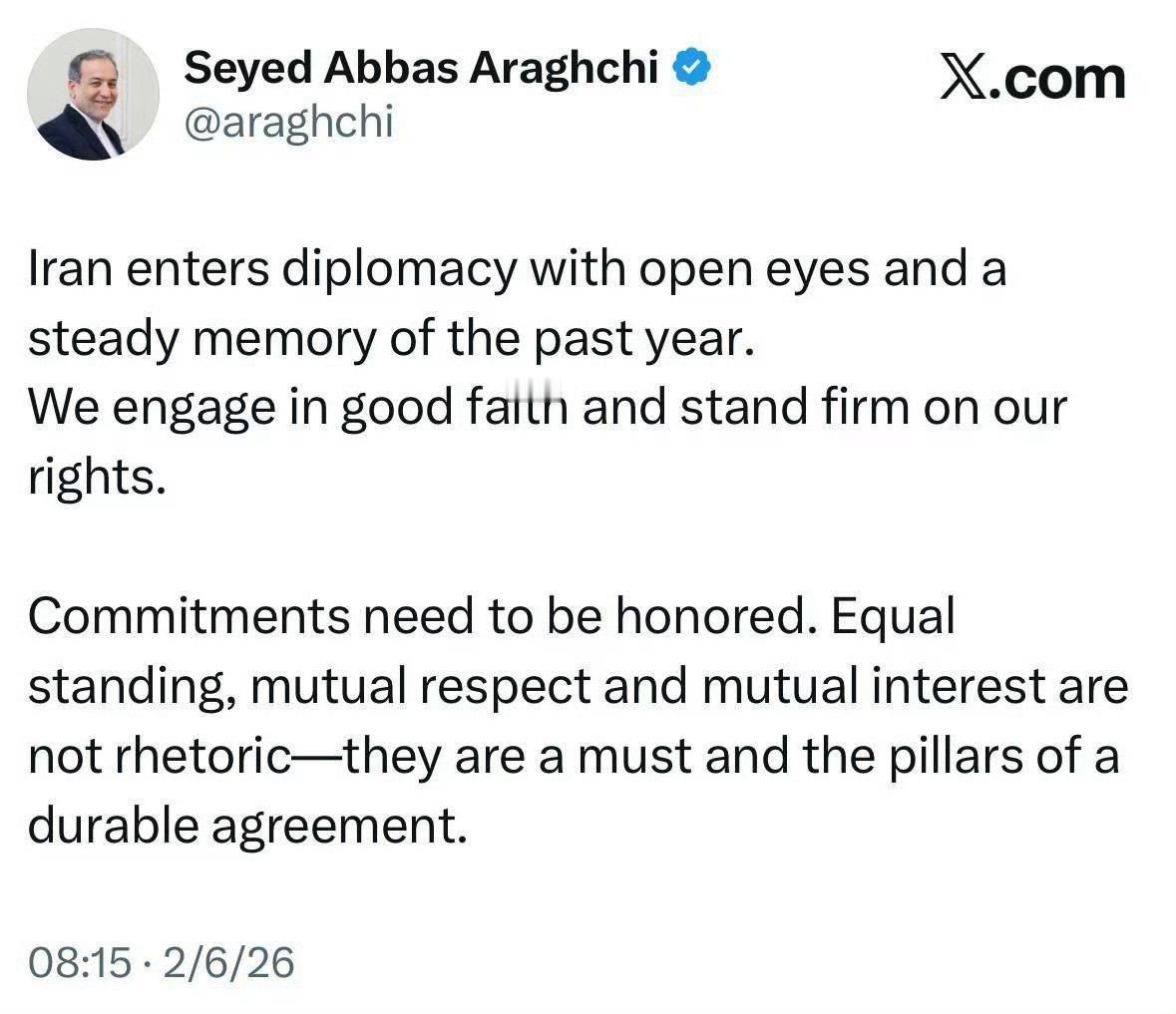 伊朗外交部长阿拉格齐 ：伊朗以开放的眼光和牢记过去一年的事件，踏上外交道路。我们