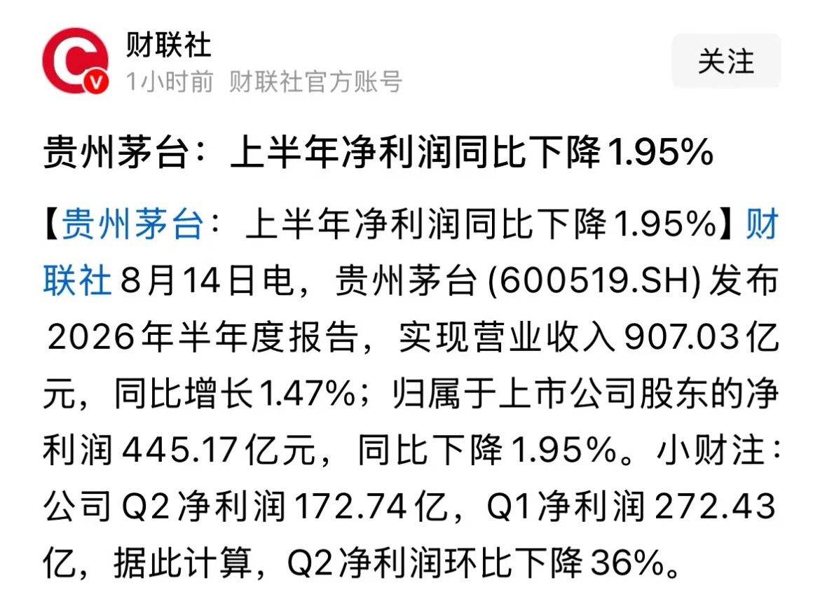 贵州茅台2026年的半年报业绩暴雷了吗？专业解读：8月14日，夜深了，作为全网第
