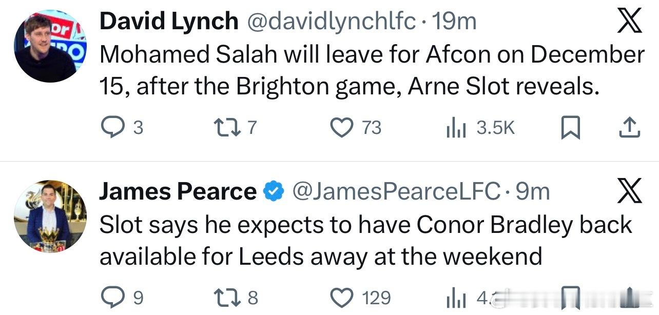 萨拉赫会在12.15我军踢完布莱顿之后回埃及国家队报道布拉德利预计可以赶上周末和