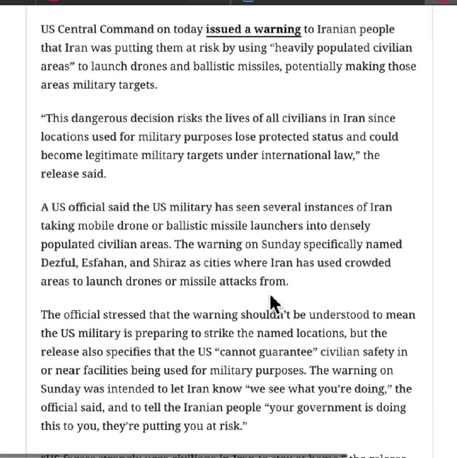 以下是这段英文的中文翻译：
 
 美国中央司令部今日向伊朗民众发出警告，称伊朗正