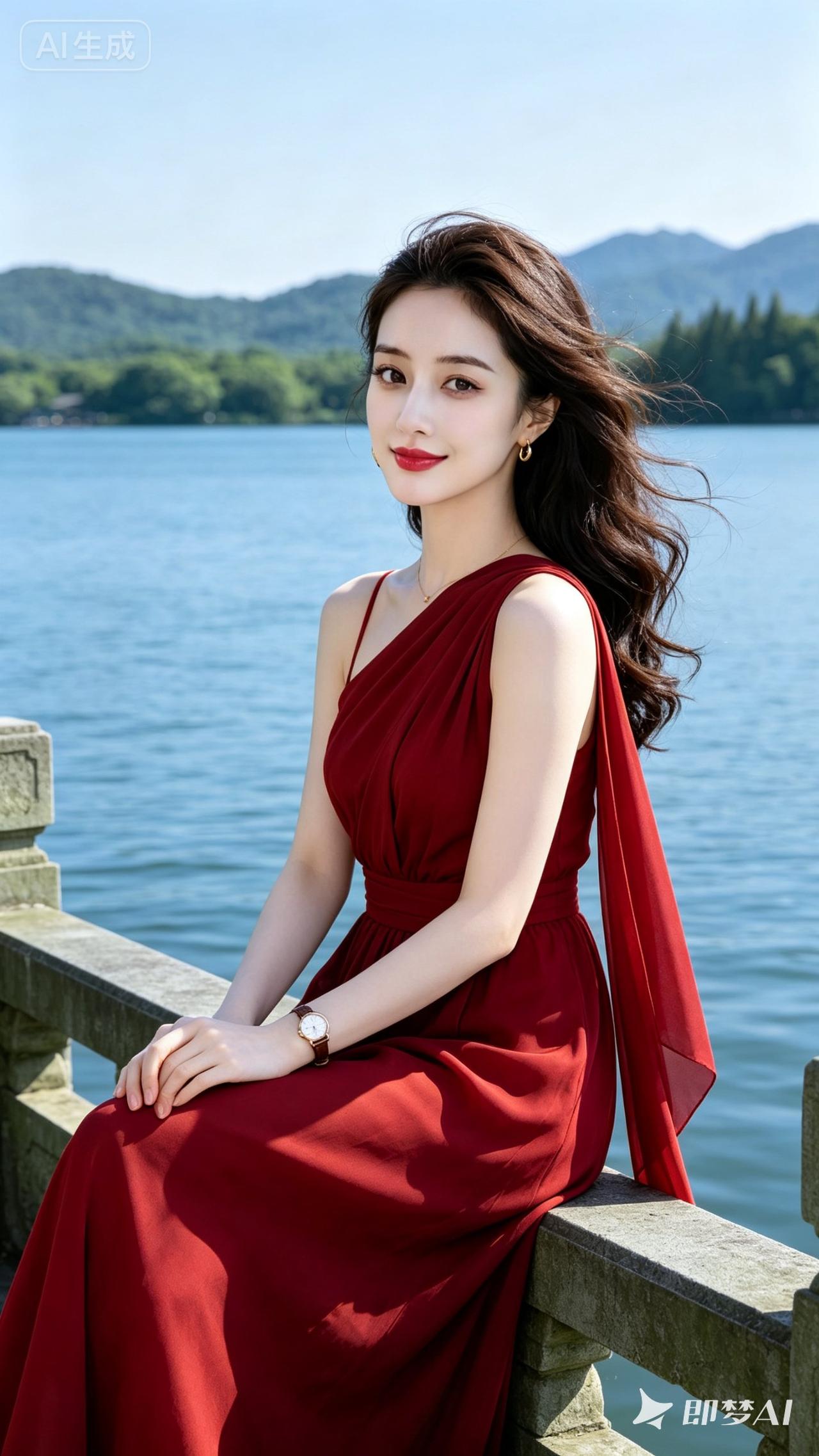 美女坐在湖边，风景真美！