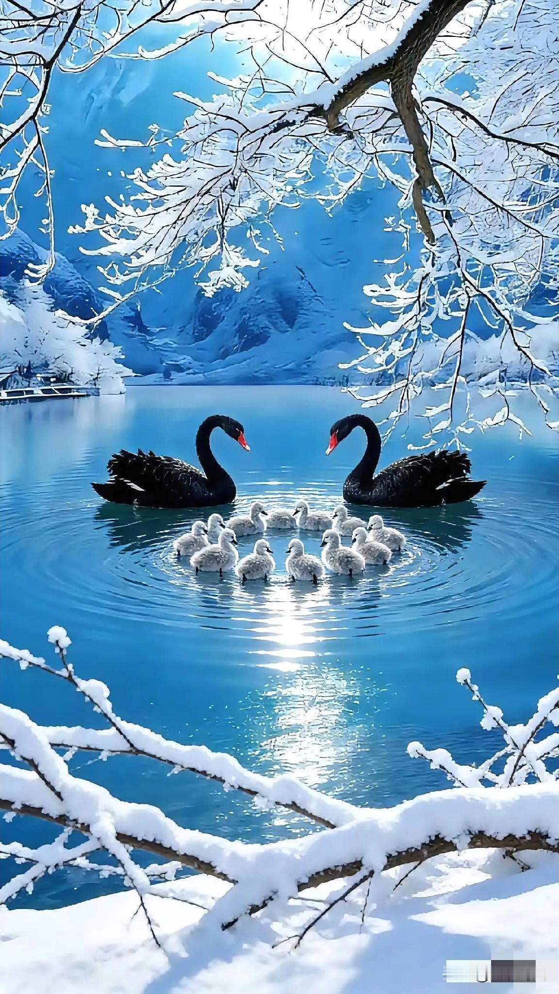 冬日仙境，黑天鹅与小天鹅的温馨时刻
