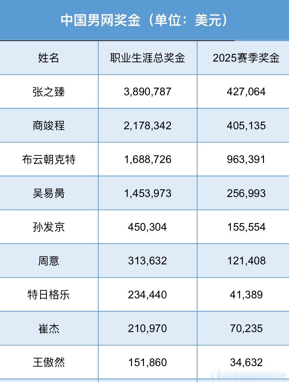 2025中国体育填空题 💰中国男网奖金榜 1️⃣张之臻 389万美元 遥遥领先