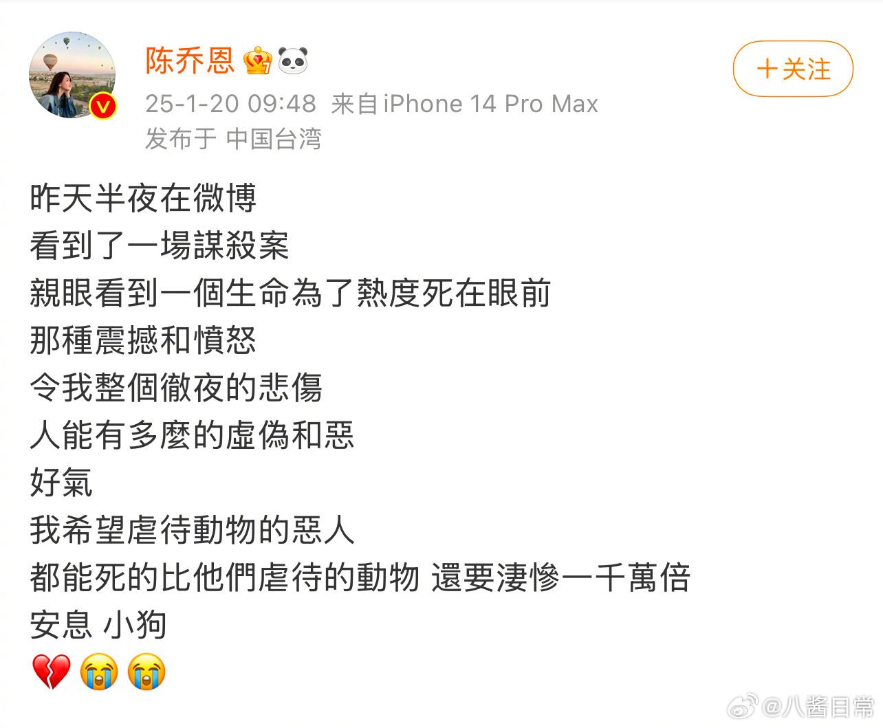 陈乔恩为小狗艾特发声：我希望虐待动物的恶人都能死的比他们虐待的动物还要凄惨一千万