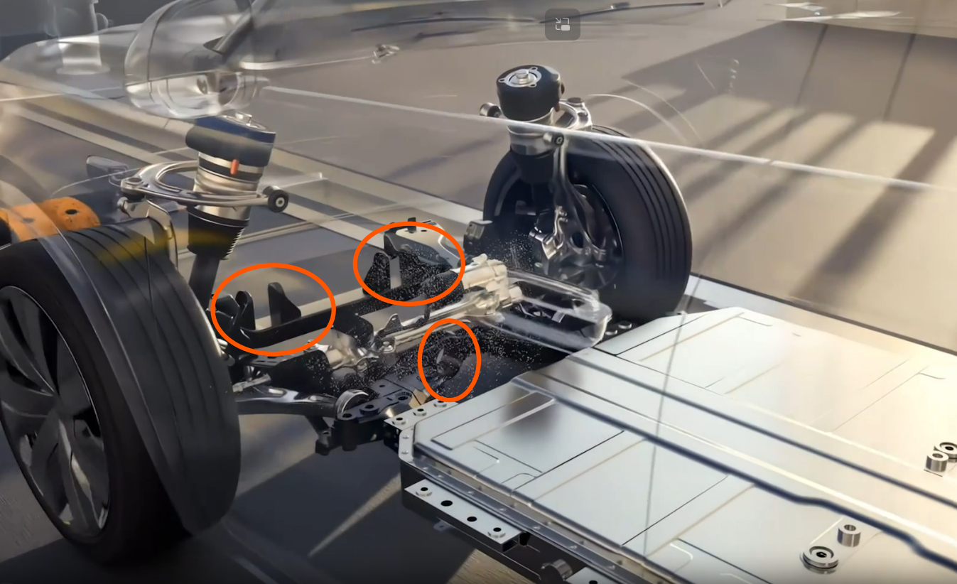 理想官网上新款L9的CG动画，说这前副车架上几个点挺奇怪，看起来像装电机悬置的，