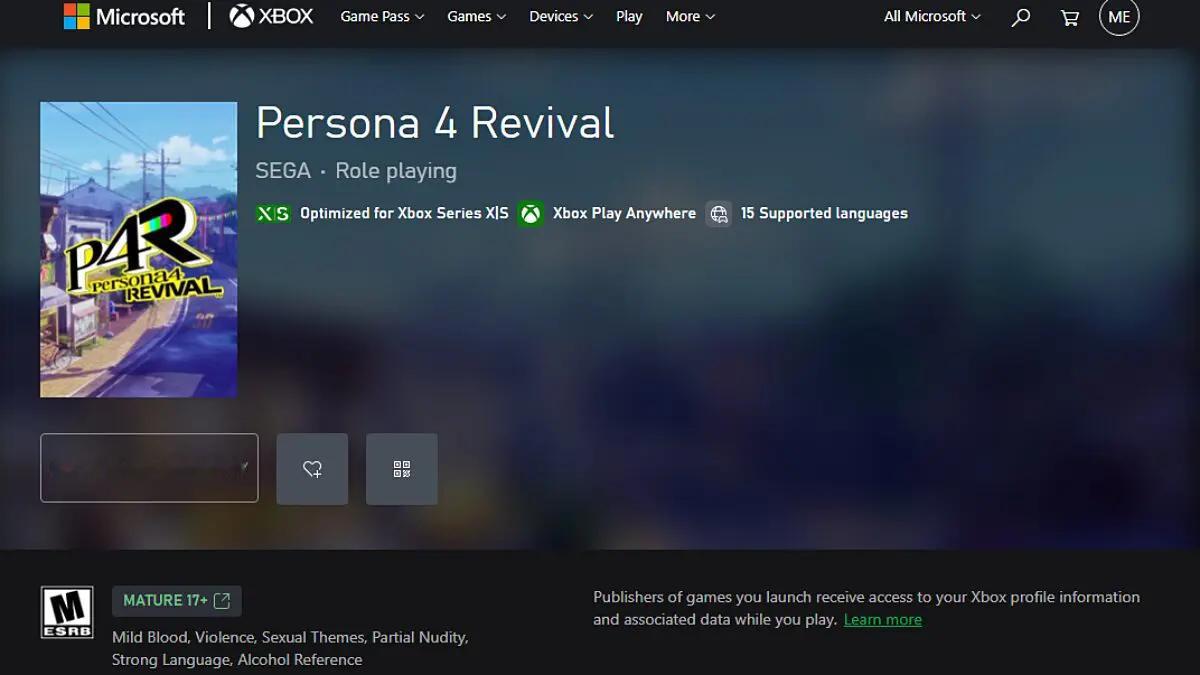《女神异闻录4 Revival》Xbox商店页面中出现了ESRB评级信息，等级为