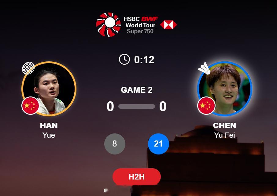 女单 1/4赛 韩悦(5) 8-21 陈雨菲(4)2026年印度羽毛球公开赛