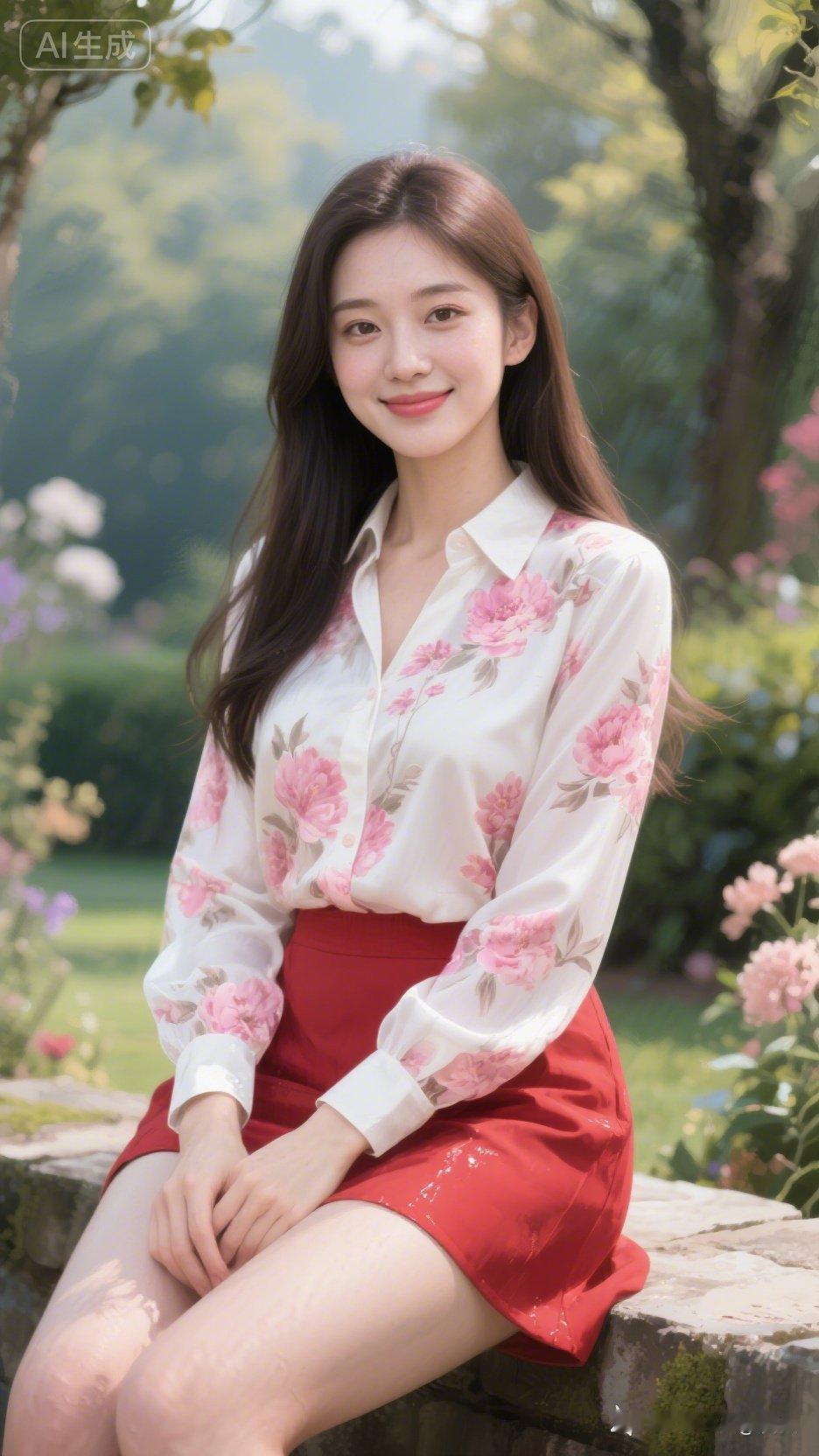 春日花海中的甜美少女，粉色花朵衬衫与红色短裙的完美搭配，尽显清新与活力！🌸💕