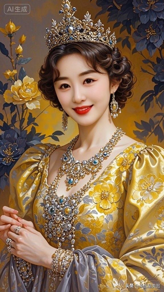 这美女穿着华丽，像是从画里走出来的一样。