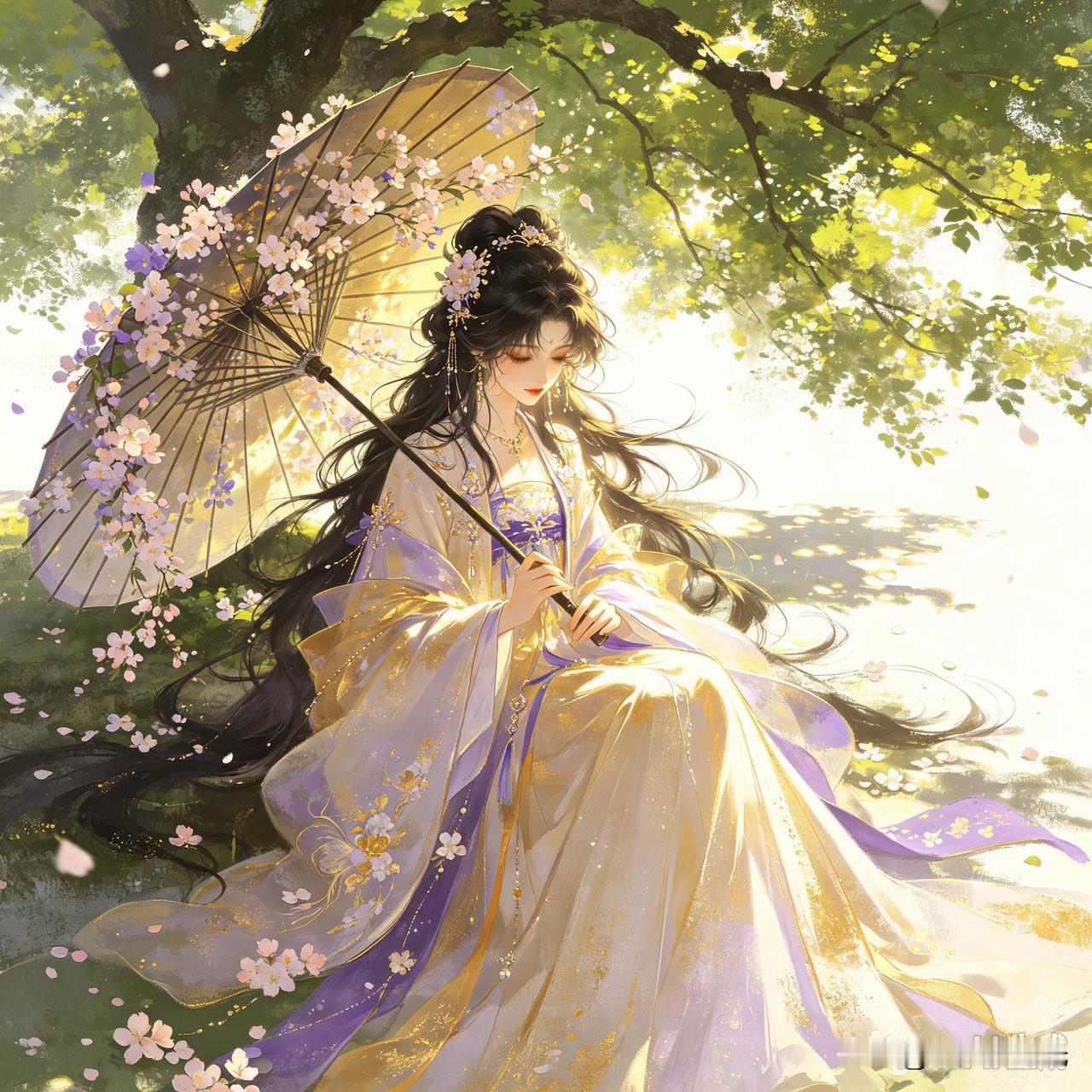 繁花漫过枝桠，碎金般的日光穿过层层叶隙，轻轻落在衣袂间。她静坐于花树下，手执油纸