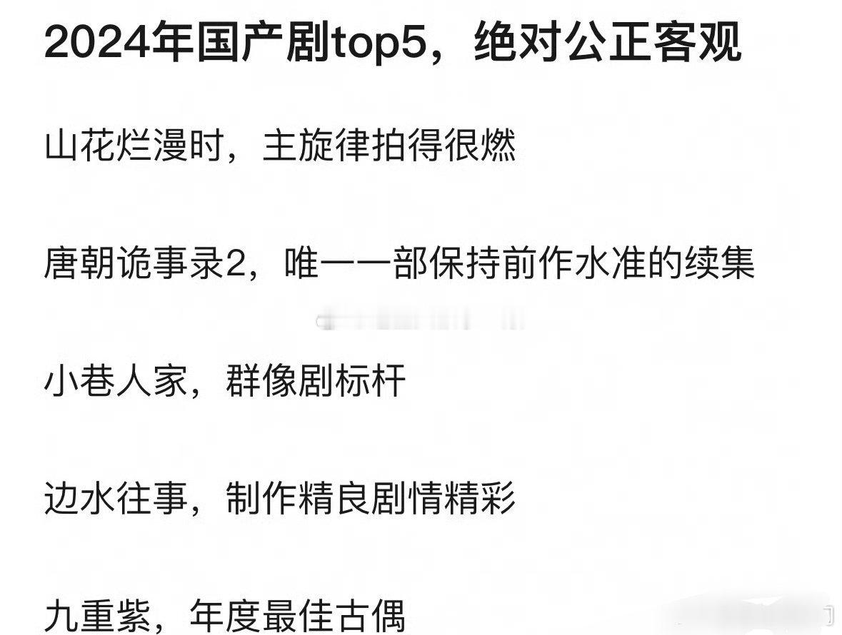 网友提名2024年国产剧top5，《山花烂漫时》、《唐朝诡事录2》、《小巷人家》