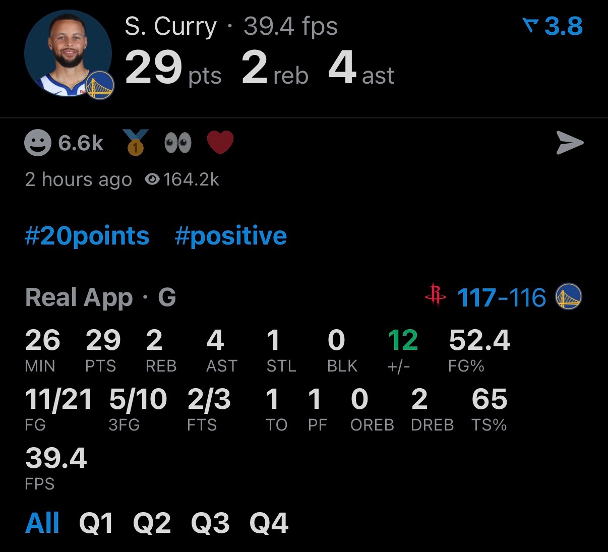 库里缺席了27场比赛，第一场复出只出场26分钟拿到29分4助攻2篮板，第四节几乎