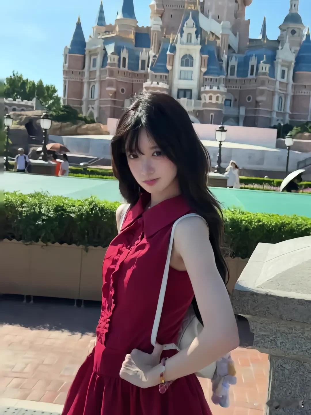 梦幻城堡前，红裙少女漫步，童话世界触手可及。