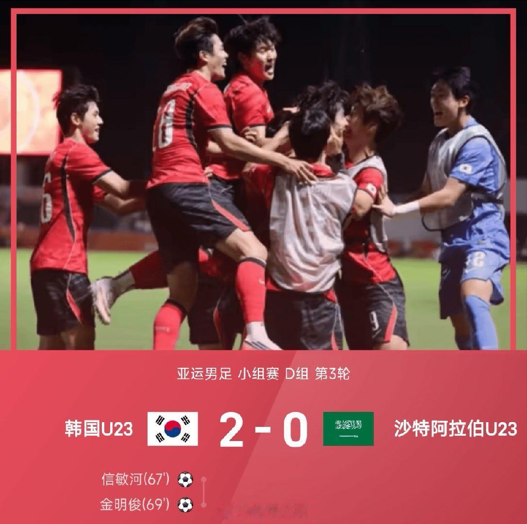 09月22日讯 26赛季亚运男足小组赛D组第3轮，韩国亚运队2-0战胜沙特阿拉伯
